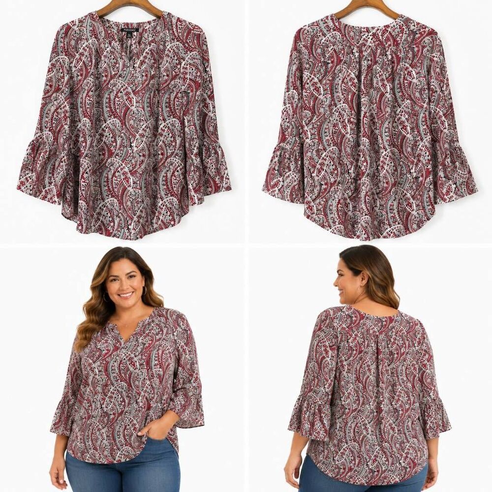 Roz & Ali Petite Large Paisley Bell Sleeve Blouse